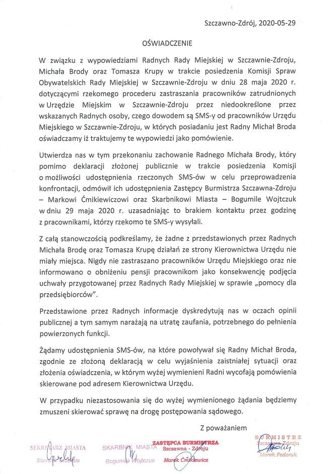 REGION, Szczawno-Zdrój: Oświadczenie burmistrza