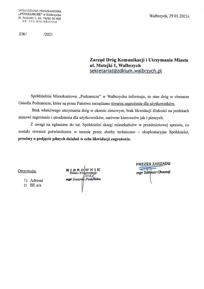 Wałbrzych: Spółdzielnia interweniuje