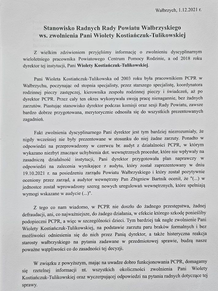 powiat wałbrzyski: Stanowisko radnych