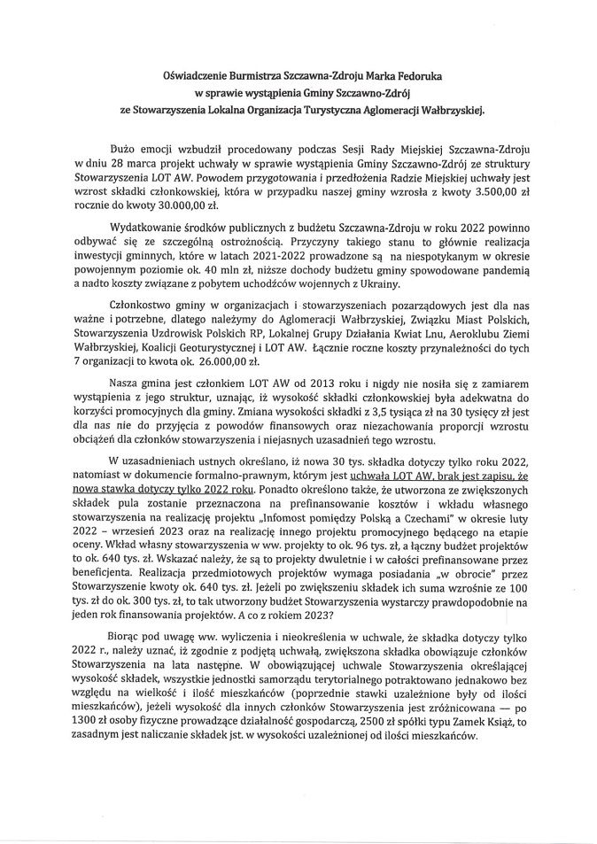 REGION, Szczawno-Zdrój: Oświadczenie burmistrza Fedoruka