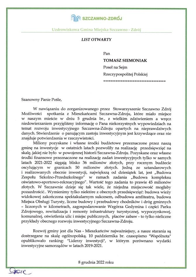 REGION, Szczawno-Zdrój: Burmistrz oburzony słowami posła