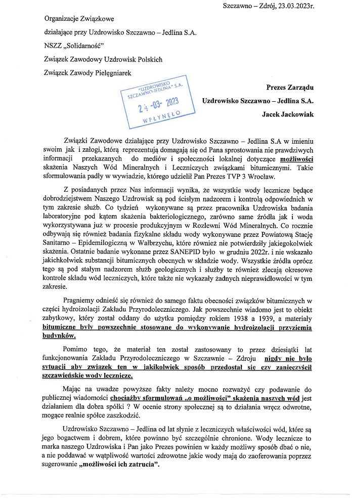 REGION, Szczawno-Zdrój/Jedlina-Zdrój: Związki zawodowe reagują