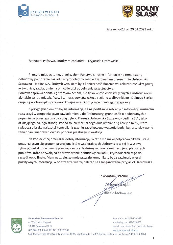 REGION, Szczawno-Zdrój: Informacja Prezesa Uzdrowiska