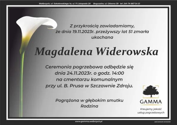 Wałbrzych/Szczawno-Zdrój: Zmarła Magdalena Widerowska