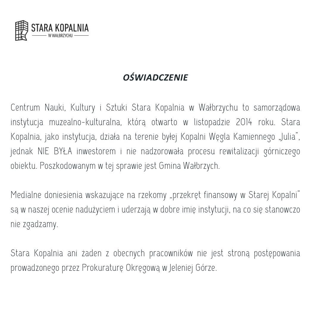 Wałbrzych: Oświadczenie Starej Kopalni