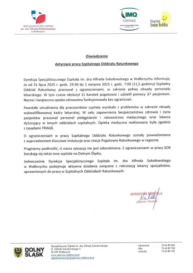 Wałbrzych: Szpital wydał oświadczenie