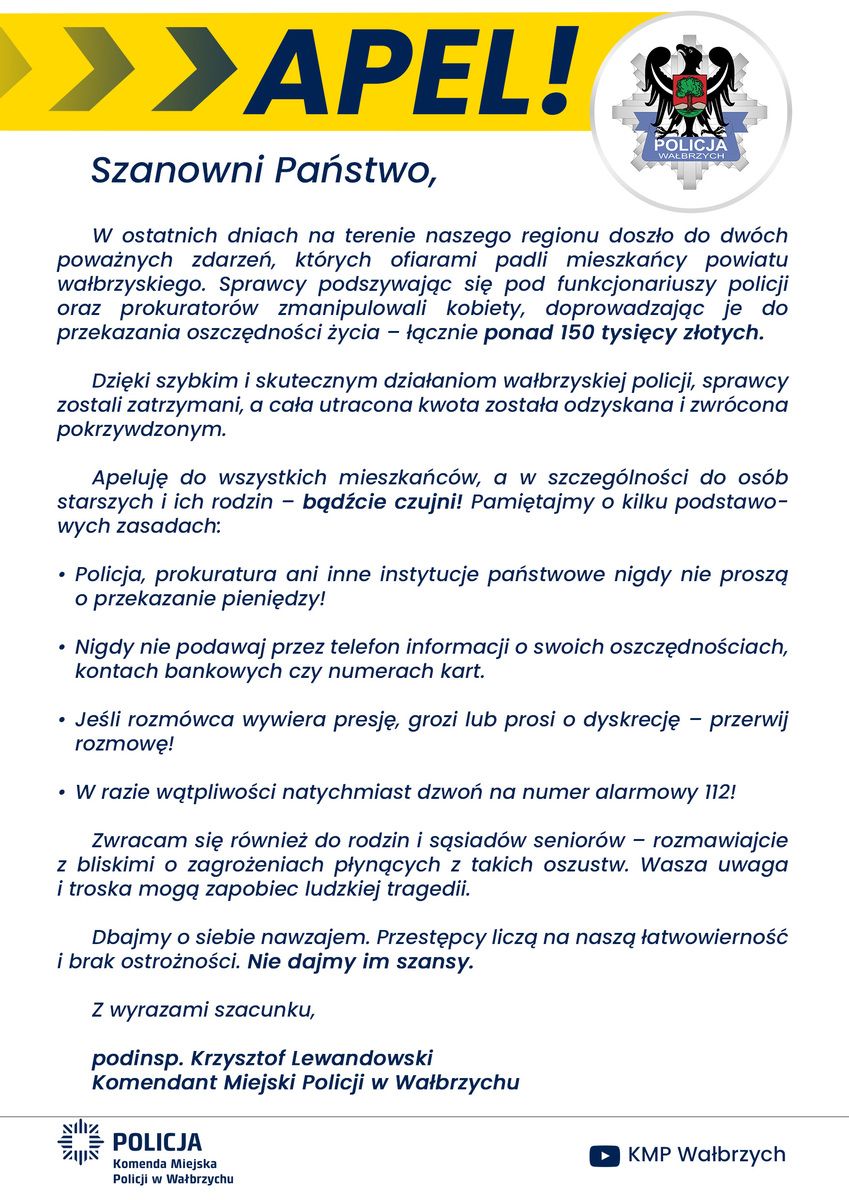 Wałbrzych/powiat wałbrzyski: Apel Komendanta Miejskiego Policji