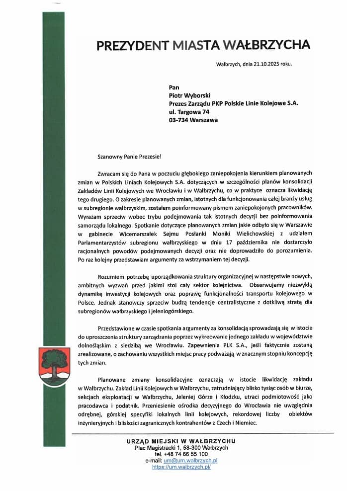 Wałbrzych: Prezydent wystosował pismo do PKP PLK