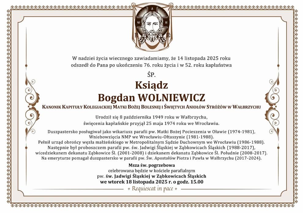 Wałbrzych/Kraj: Zmarł ksiądz Bogdan Wolniewicz