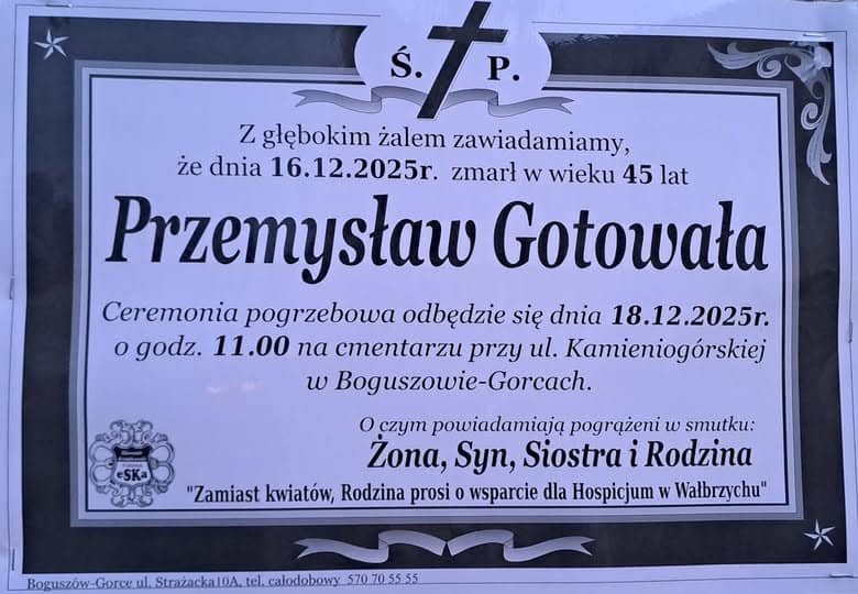 REGION, Boguszów-Gorce: Zmarł Przemysław Gotowała