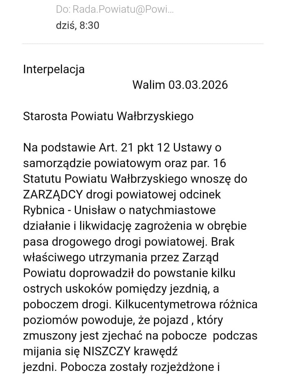 powiat wałbrzyski: Radny apeluje do Zarządu Powiatu