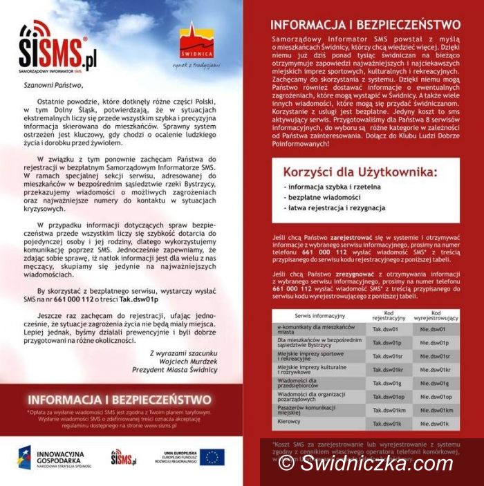 Świdnica: Zarejestruj się – za darmo będą Cię informować o zagrożeniach dla mieszkańców okolic Bystrzycy