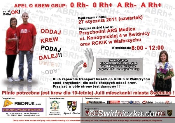 Świdnica/Wałbrzych: Dziesięcioletnia Julia liczy na świdnickich krwiodawców