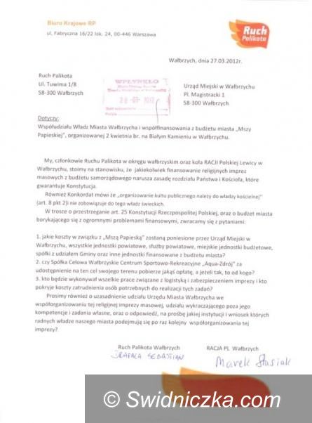 Wałbrzych: Ruch Palikota przeciwko finansowaniu przez samorząd Mszy Papieskiej