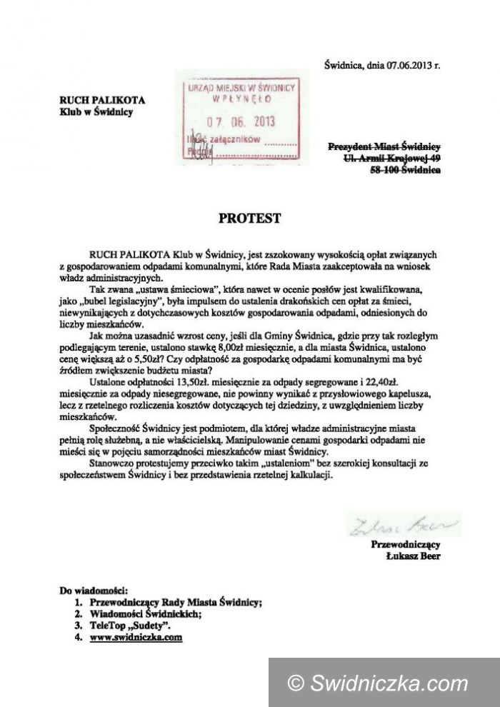 Świdnica: Świdnicki Klub Ruchu Palikota protestuje przeciwko „Ustawie Śmieciowej”