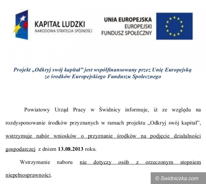 Świdnica: Wstrzymanie naboru wniosków o przyznanie środków na podjęcie działalności gospodarczej