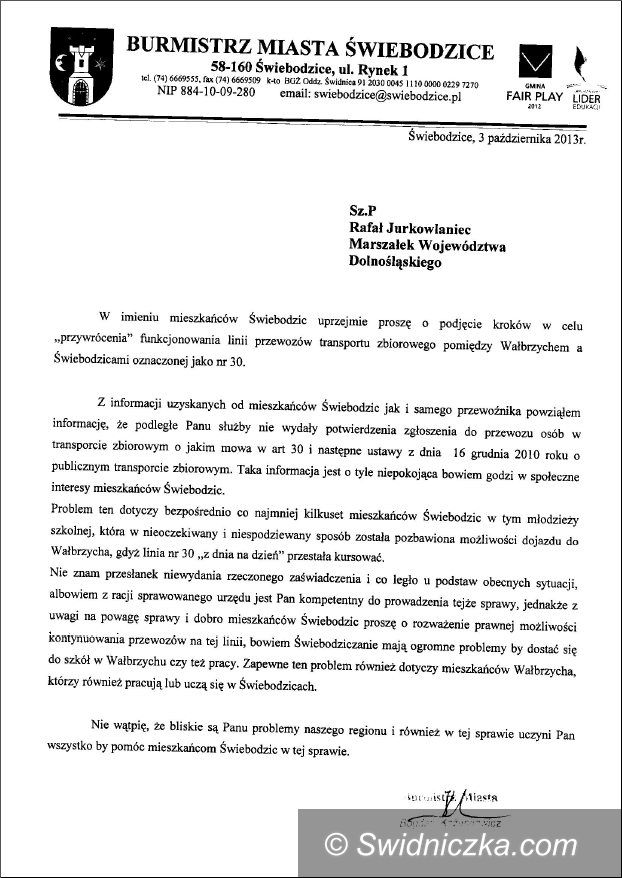 Świebodzice: Stanowisko burmistrza Świebodzic w sprawie wstrzymania linii nr 30