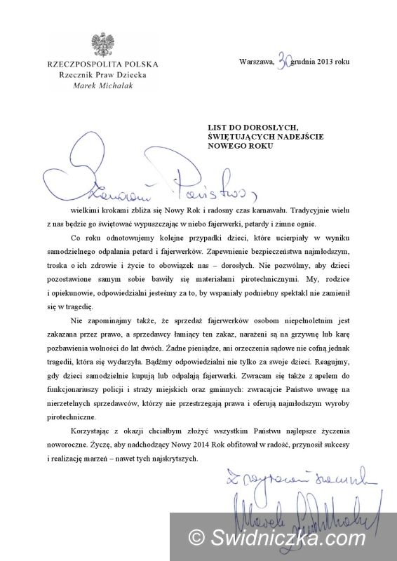 Kraj: List Rzecznika Praw Dziecka do dorosłych świętujących nadejście 2014 roku