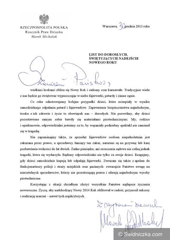 Kraj: List Rzecznika Praw Dziecka do dorosłych świętujących nadejście 2014 roku
