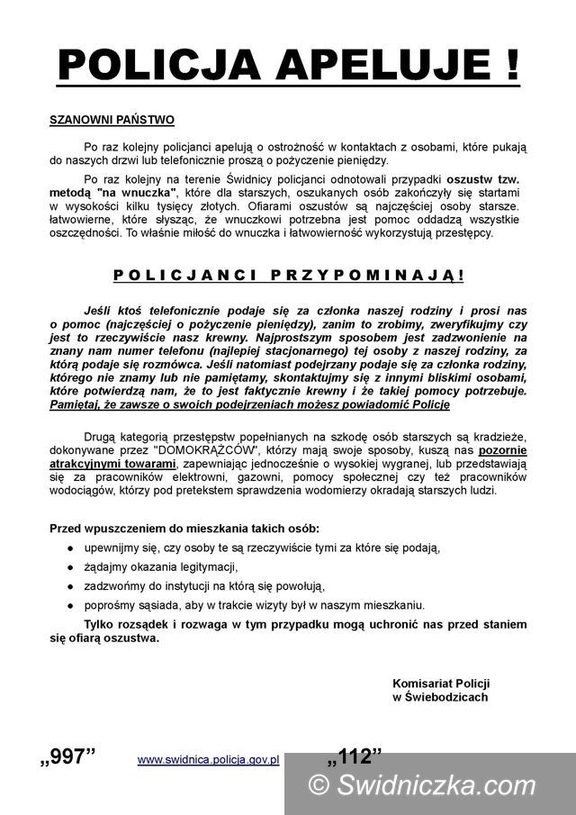 Świebodzice: Uwaga na oszustów "na wnuczka"