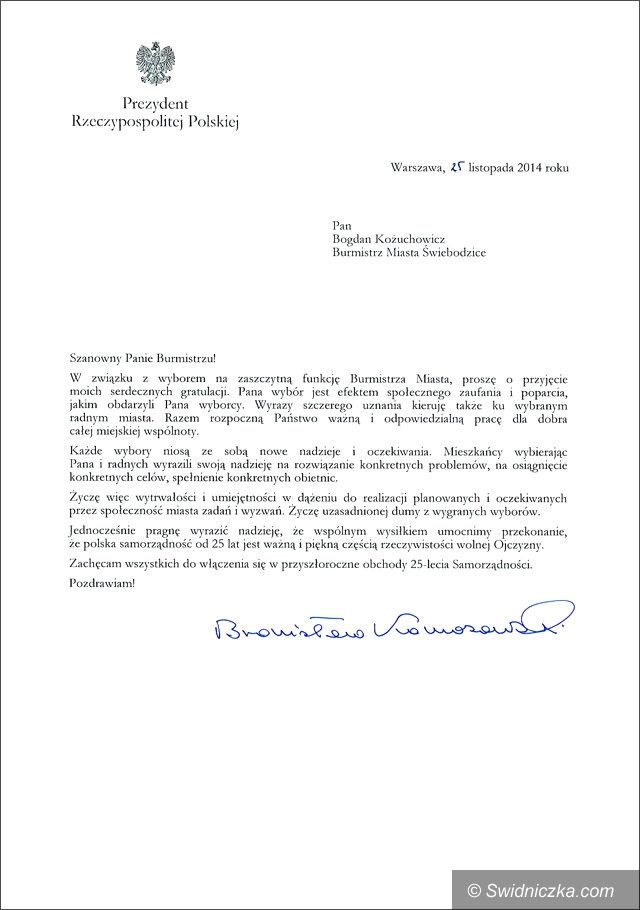 Świebodzice: Prezydent RP gratuluje władzom Świebodzic