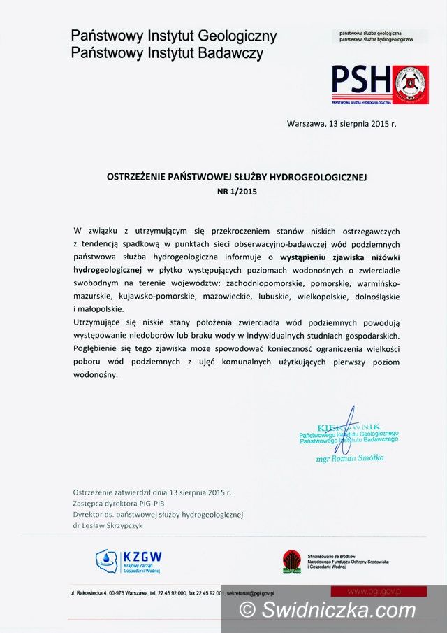 Dobromierz: Ostrzeżenie Państwowej Służby Hydrogeologicznej