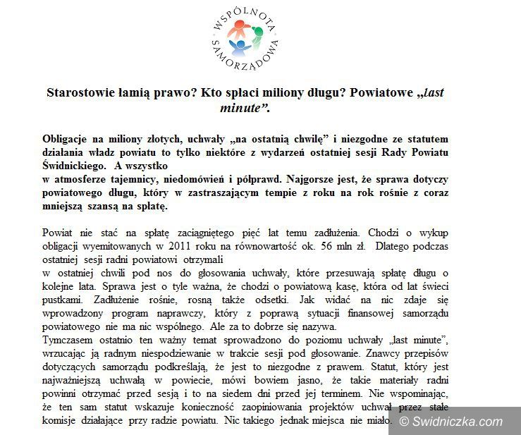 Świdnica: Stanowisko WS w sprawie obligacji