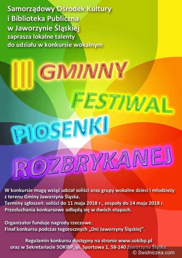 Jaworzyna Śląska: Zapraszamy do udziału w Gminnym Festiwalu Piosenki Rozbrykanej w Jaworzynie Śląskiej